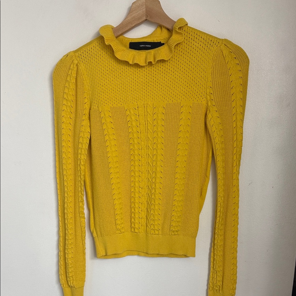 Vero Moda Yellow Ruffled Neckline Knit Sweater